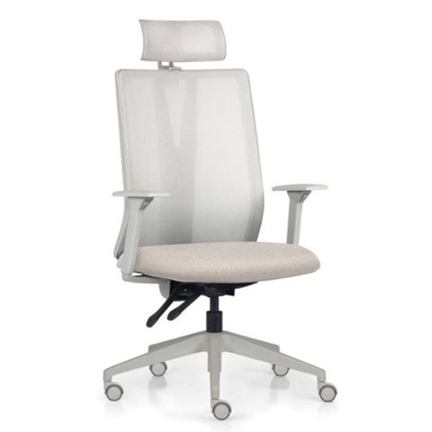 Cadeira Escritório Giratória Presidente Flow F02 Base Cinza Linho Bege Claro - Lyam Decor