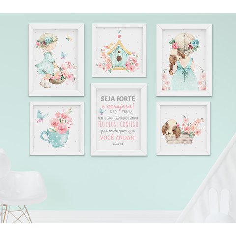 Quadro Infantil Menina Aquarela Jardim Flores Cachorrinho Kit 6 Peças