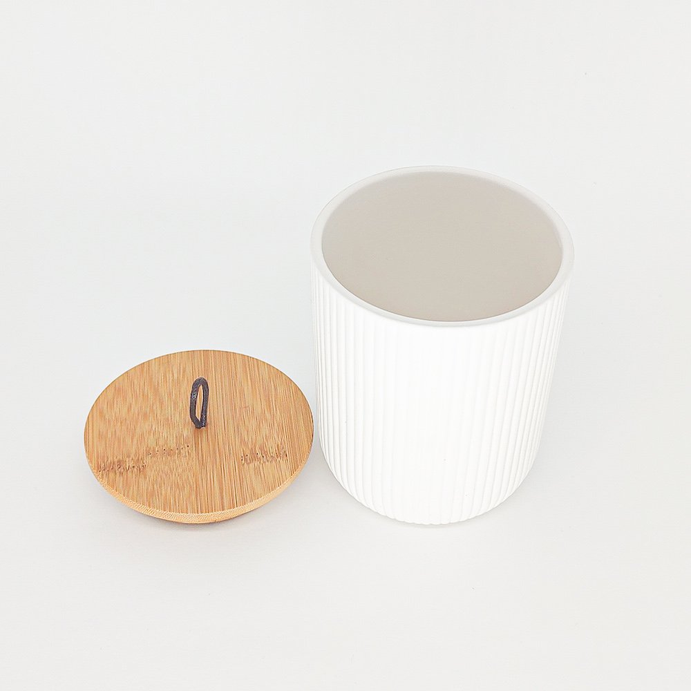 Potiche de Ceramica com Tampa de Bambu C/Pegador de Corda Lines Branco P - 3