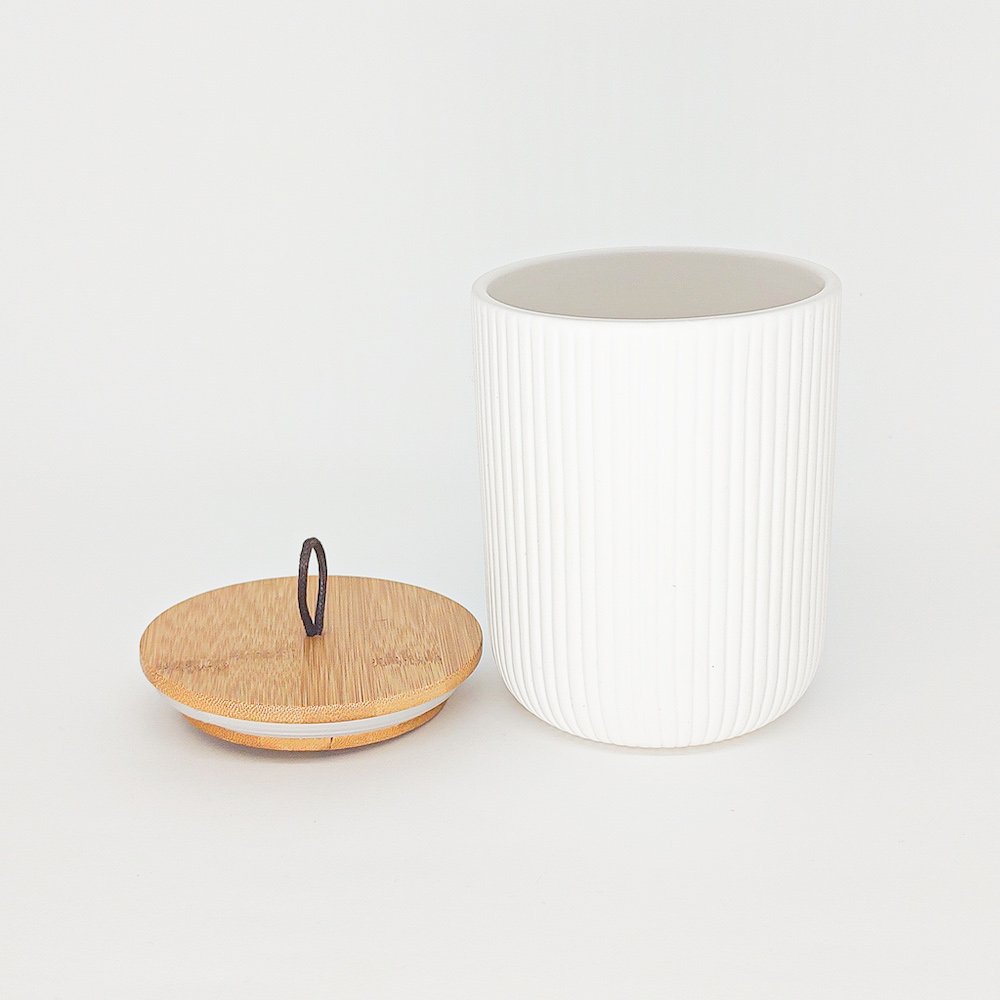 Potiche de Ceramica com Tampa de Bambu C/Pegador de Corda Lines Branco P - 2