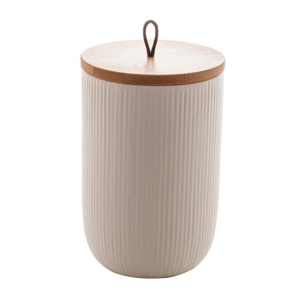 Potiche de Ceramica com Tampa de Bambu C/Pegador de Corda Lines Branco G
