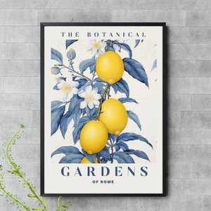 Quadro Botanical Gardens - Azul e Amarelo 33x24cm - com Vidro:moldura Preta
