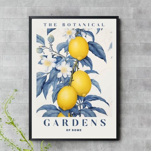 Quadro Botanical Gardens - Azul e Amarelo 33x24cm - com Vidro:moldura Preta