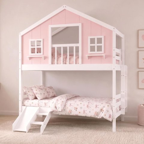Beliche Casinha Dos Sonhos com Varanda e Kit Escorregador Madeira Maciça Rosa | Branco Housin