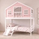 Ver imagem 1 de Beliche Casinha Dos Sonhos com Varanda e Kit Escorregador Madeira Maciça Rosa | Branco Housin