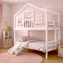 Ver imagem 2 de Beliche Casinha Dos Sonhos com Varanda e Kit Escorregador Madeira Maciça Rosa | Branco Housin