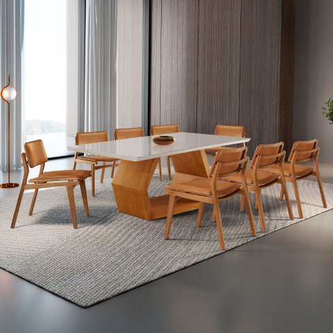 Sala de Jantar Mesa Ane 220cm Tampo Laqueado com Vidro Canto Moeda e 8 Cadeiras Eva