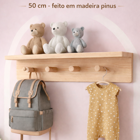 Cabideiro Madeira com Prateleira 50 Cm Montessori de Parede