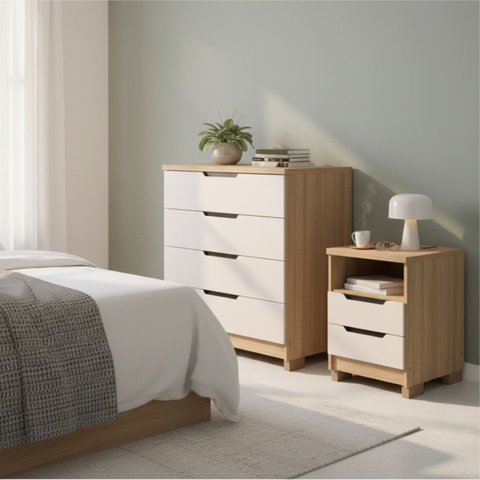 Conjunto Mesa de Cabeceira 45cm e Cômoda 4 Gavetas 90cm Barcelona Politorno Móveis