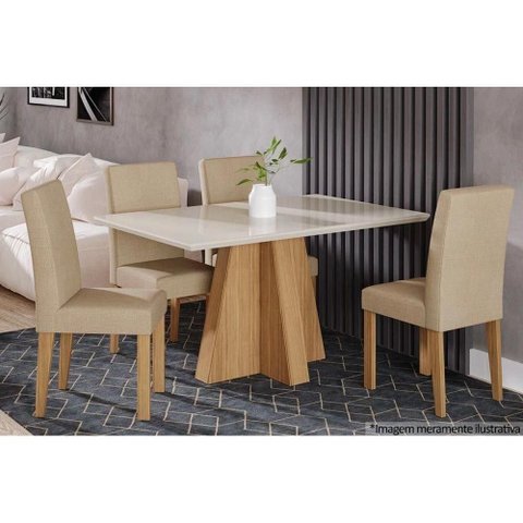 Conjunto: Mesa de Cozinha Patricia C/ Tampo Madeirado C/ Vidro Canto Reto 130x80cm e 4 Cadeiras Maia