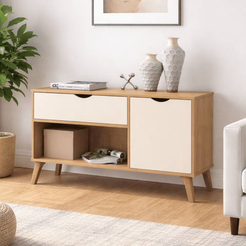 Buffet Aparador Multiuso 1 Porta e 1 Gaveta London Bege/Cinamomo/Off White