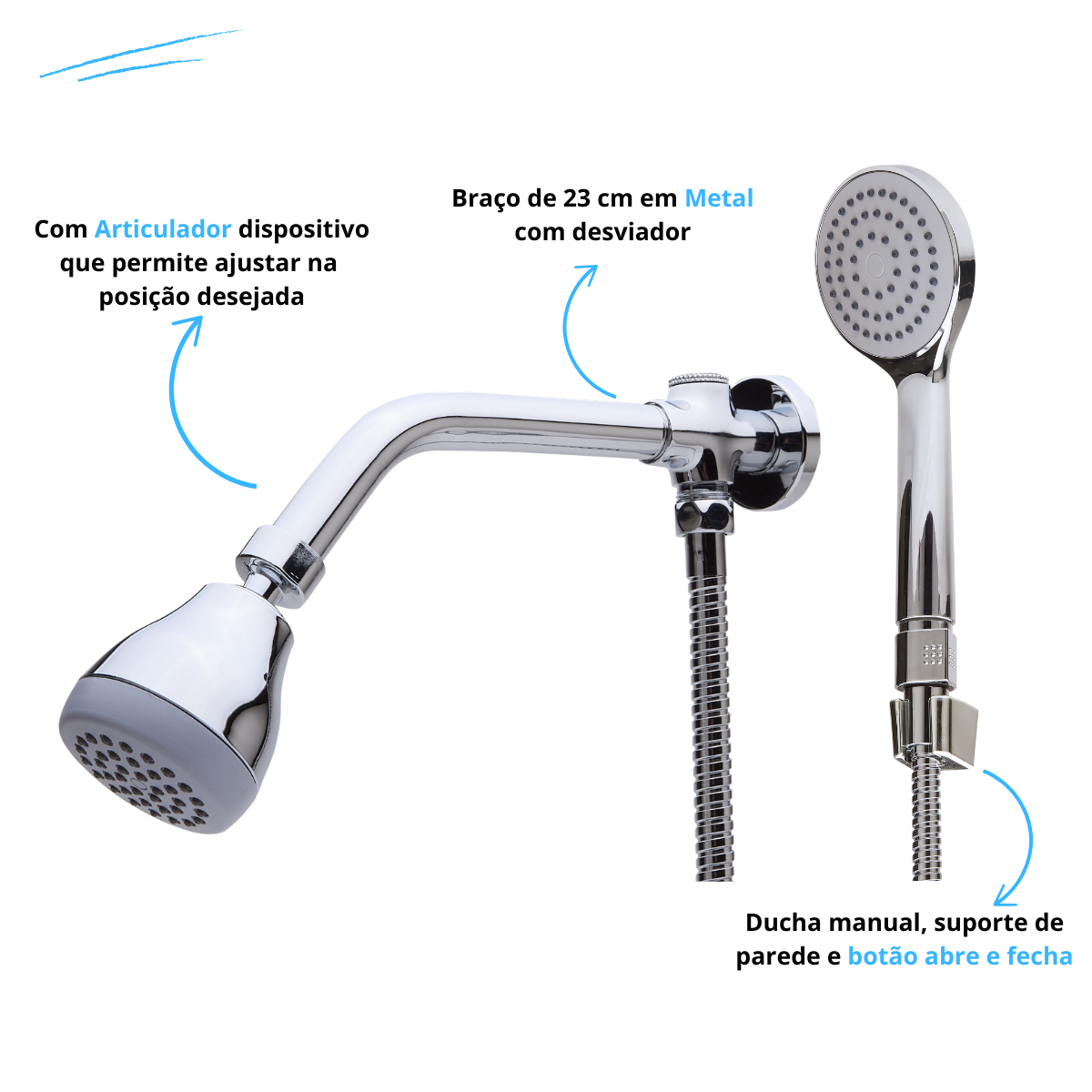 Ducha Chuveiro Pop Luxo Articulado com Desviador e Ducha Manual Aquecedor Solar e Gas - 2