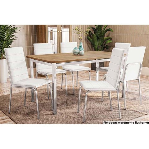 Mesa de Sala Jantar Reno C/ Tampo Madeira 160cm + 6 Cadeiras Amsterdã Cromada - Assento Branco 106