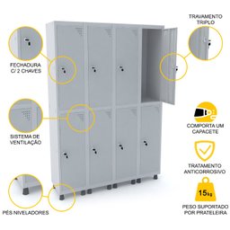 ROUPEIRO DE AÇO 4M 08 PORTAS FECHADURA PANDIN - CINZA GRF 504/8 DI - 3