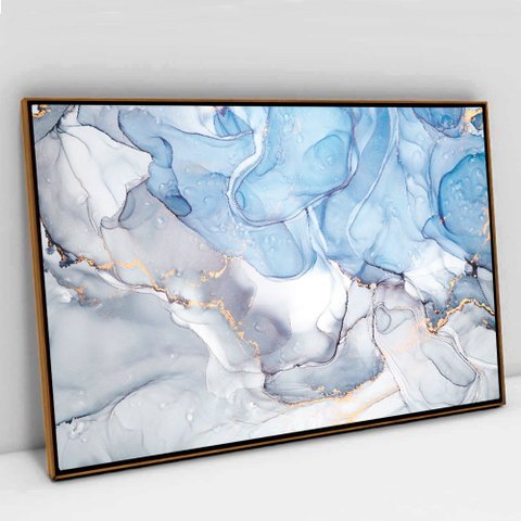 Quadro Decorativo em Canvas Abstrato Mármore Azul Maya TaColado Moldura Flutuante 4,5cm Freijó 120 x