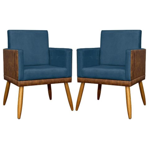Kit 2 Poltronas Decorativas Lis Corino e Suede Cores Pé Palito 30cm - Azul-marinho, Suede/corino