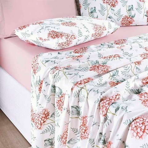 Jogo de Cama Lençol Maggy Casal 4 Peças Percale 200 Fios Estampado Hortencia Floral Rosa 80% Algod