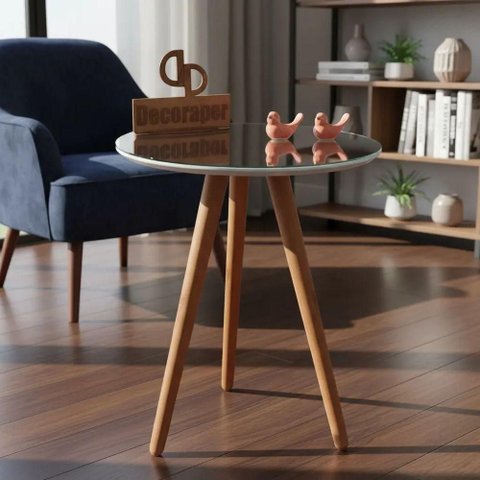 Mesa de Canto Pés Palito Amadeirado com Espelho Redondo MDF Madeira Maciça 60cm Decoraper
