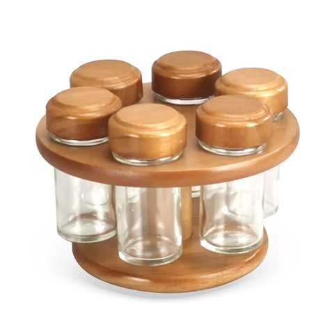 Porta Temperos Condimentos Giratório em Madeira 6 Potes 80ml Zt2005 Btc