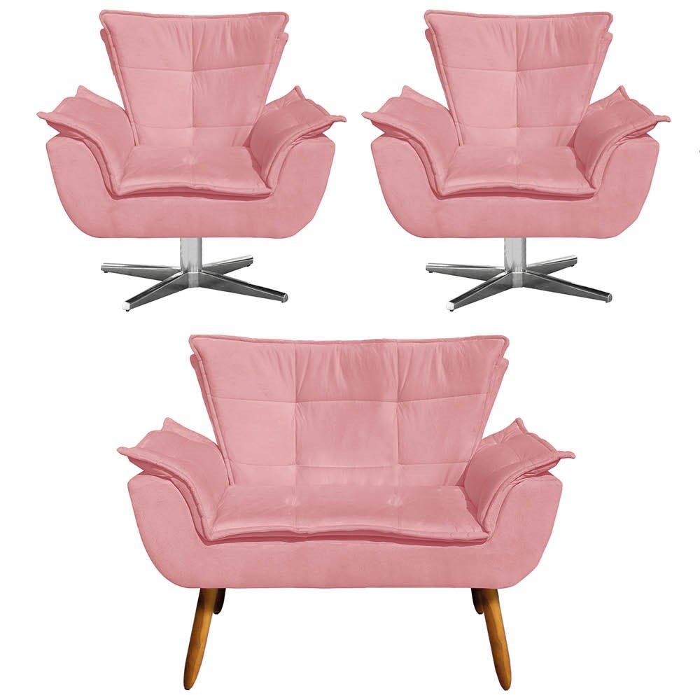 Kit Namoradeira e 2 Poltronas Giratórias Cromada Opla Suede Rose - Ibiza - 1