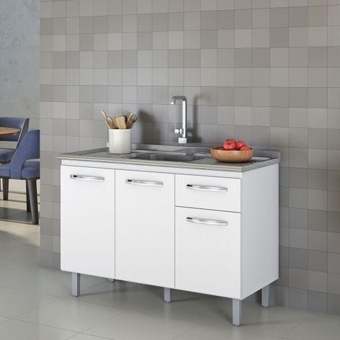 Balcão de Cozinha com Pia Notavel 3 Portas 1 Gaveta Branco Brilho New Nt 3035