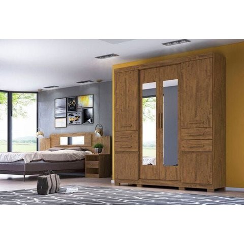 Guarda-Roupa Casal 6 Portas 4 Gavetas com Espelho Aracajú Moval Castanho Wood