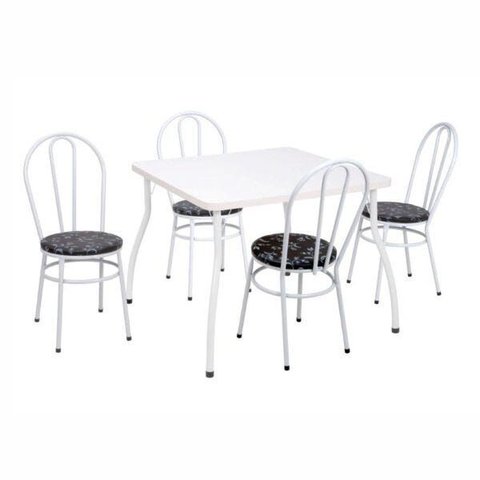 Mesa com 4 Cadeiras Branca 90x90 Assento Preto Floral - Fil Móveis