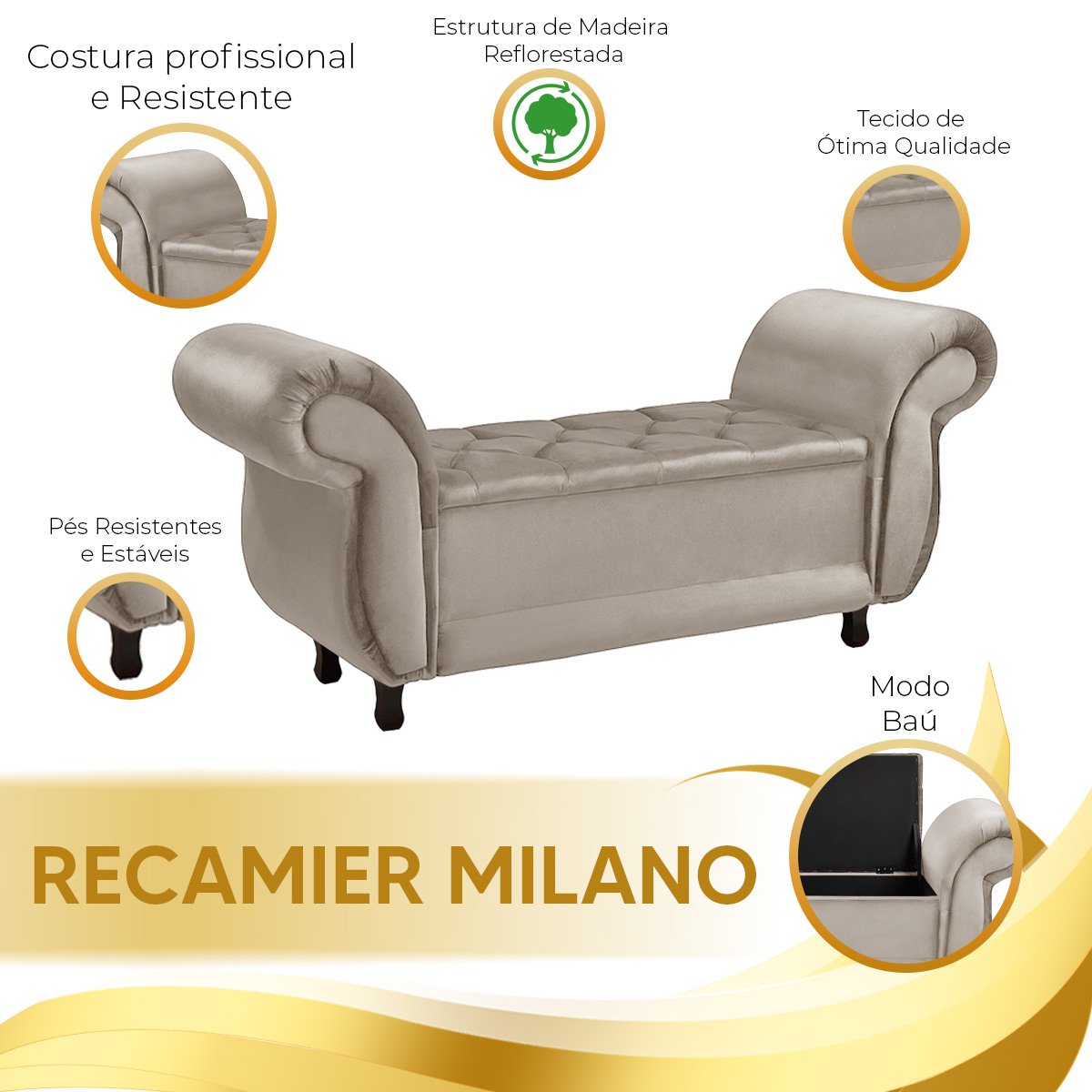 Recamier Baú Divã Para Cama Queen 1,60 Milano Veludo Bege - Star Confort - 6