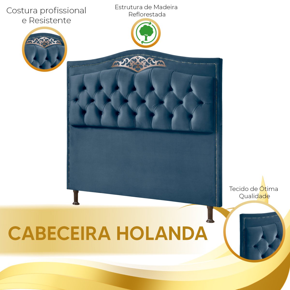 Conjunto Cabeceira/Calçadeira Holanda 1,40 Veludo Luxor Azul - Star Confort - 9