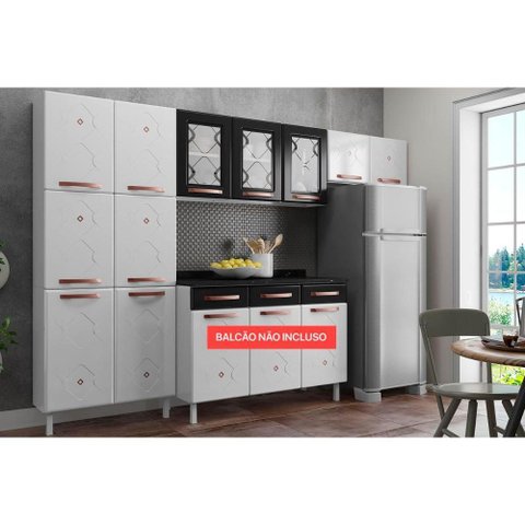 Cozinha Modulada Completa Mirage New 3 Peças (2 Armários + 1 Paneleiro) CPT114 Branco/Preto -