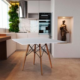 Mesa de Jantar Quadrada Eames Eiffel 90cm Branca Base Madeira - 1