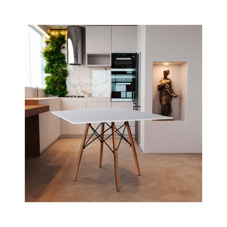 Mesa de Jantar Quadrada Eames Eiffel 90cm Branca Base Madeira Mesa de Jantar Quadrada Eames Eiffel 90cm Branca Base Madeira