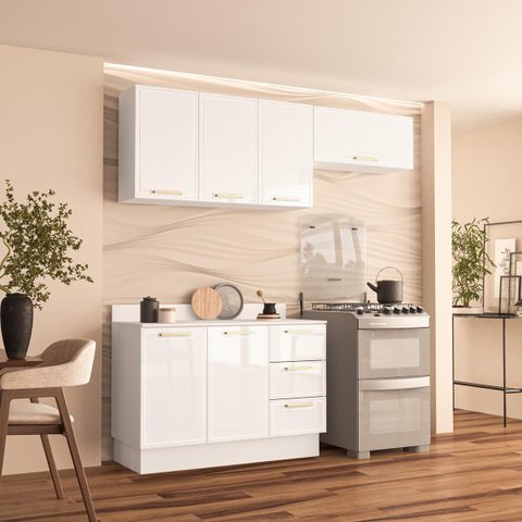Cozinha Amara 3 Peças 200x224,5cm Armários Aéreos Balcão c/ Tampo e Rodapé Branco 250093