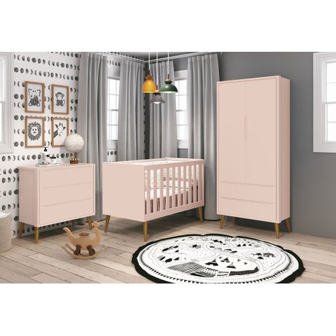 Jogo de Quarto para Bebê Completo 2 Portas Théo New Rosa Fosco com Madeira - Reller