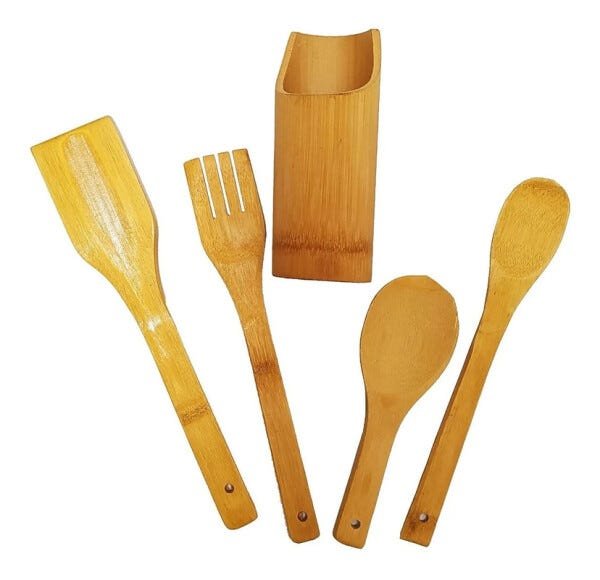 Kit Utensílios de Cozinha Bambu natural Colher de Pau Culinário Suporte - 5