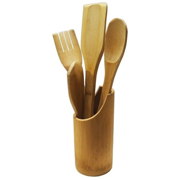 Kit Utensílios de Cozinha Bambu natural Colher de Pau Culinário Suporte - 2