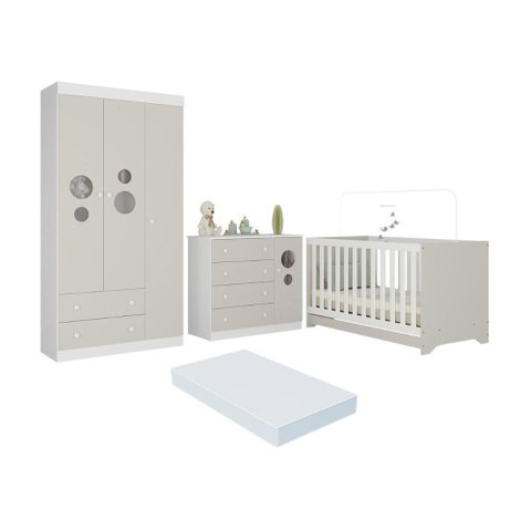 Quarto de Bebê Completo Berço Americano 3 em 1 Colchão Pirulito Multimóveis Mp4637 Branco/off