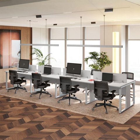 Estação de Trabalho 8 Lugares 4,80 m X 1,20 m Pés Metal com Caixas de Tomadas e Divisórias F5