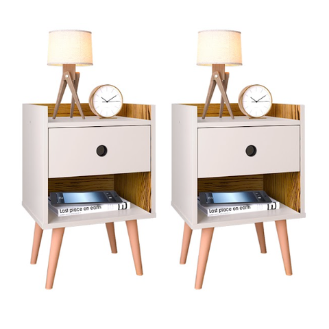 Kit Mesa de Cabeceira Moderna Quarto c/ Nicho -Decore- - Off White/Nature