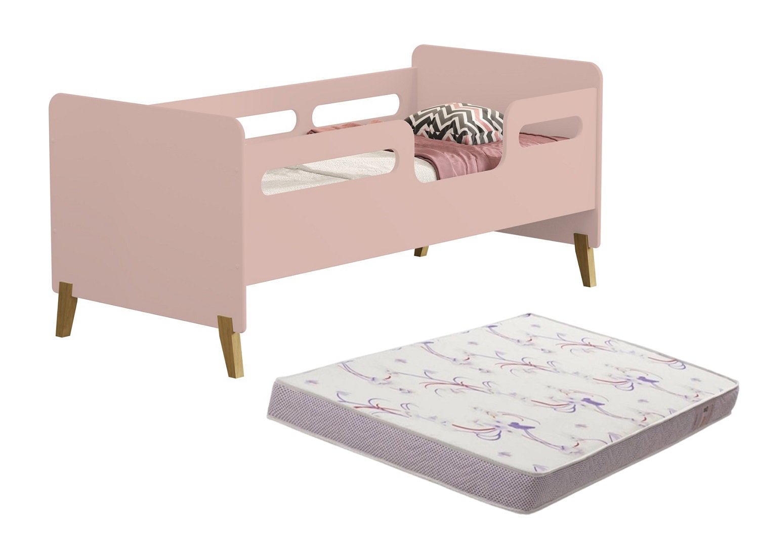 Cama Infantil Mini Cama Cecília Montessoriana Pes de Madeira com Colchão Incluso:rosa