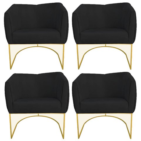 Kit 04 Poltronas Julia Base Metálica Dourado Suede Preto - D'Classe Decor