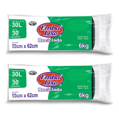 Kit 2 Pacotes Sacos de Lixo Preto Reciclado Resistente Reforçado 30 Litros 59cm x 62cm Pacote com 30