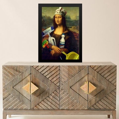 Quadro Divertido Área de Serviço - Monalisa 24x18cm:moldura Branca