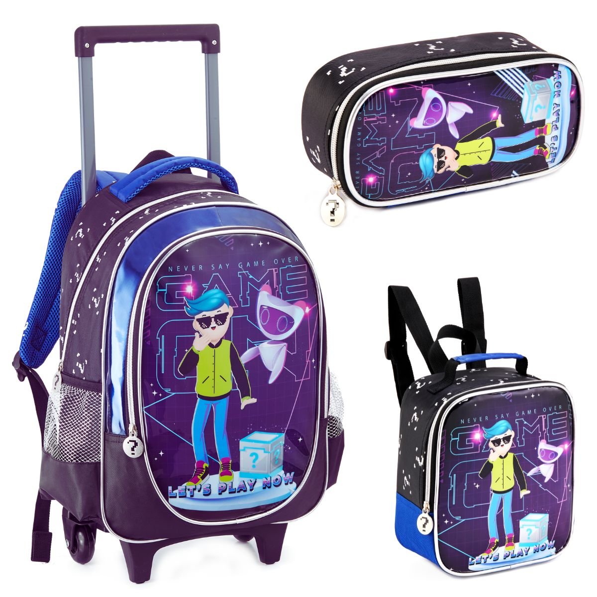 Kit Mochila Rodinha Lancheira Estojo Infantil Menino Game Play Denlex