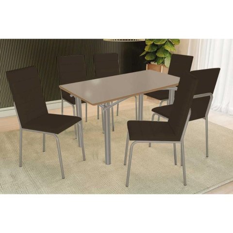 Conjunto: Mesa de Cozinha Elba Tampo Madeirado C/ Vidro 160cm e 6 Cadeiras Amsterdã Niquel/freijo