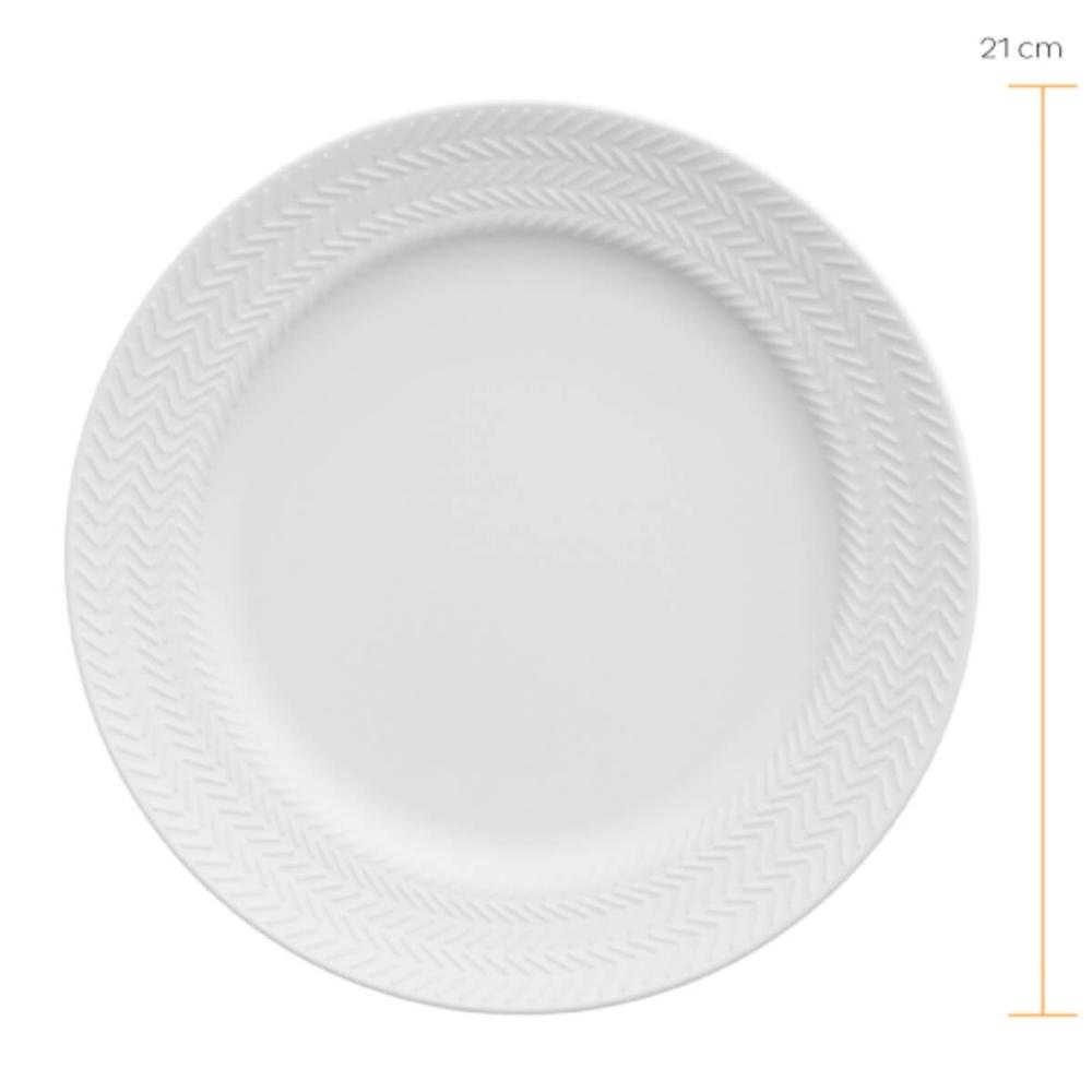 Prato de Sobremesa Porcelana 21cm Redondo Germer Chevron Branco com Relevo - 5