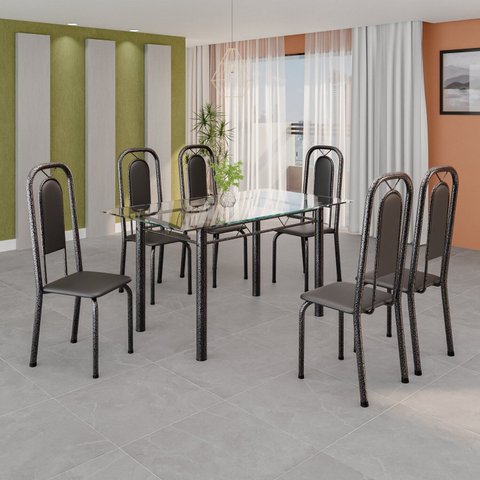 Conjunto de Mesa Tubular com 6 Cadeiras Lara Prata/Preto