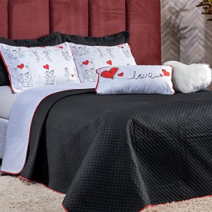 Kit Cobre Leito Coração Love Preto/branco Dupla Face com Almofadas Queen 07 Peças