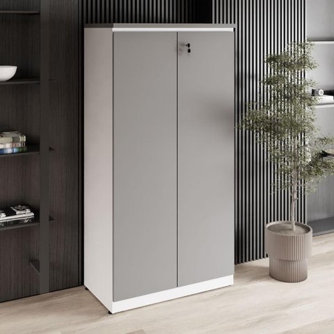 Armário Alto para Escritório 2 Portas 3 Prateleiras MDP 80cm Cinza Sagrado com Branco