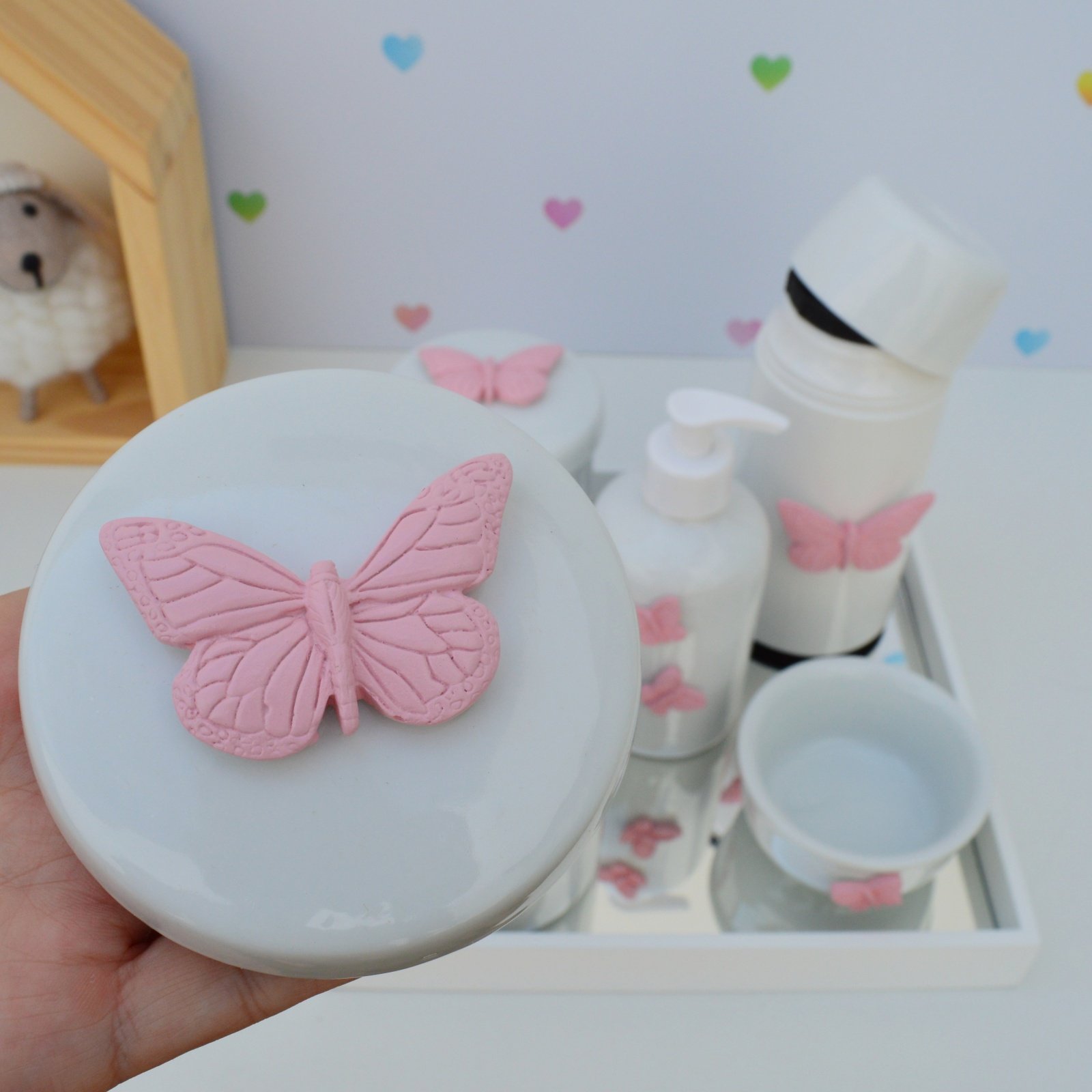 Kit Higiene Porcelana Bebê Maternidade Bancada Meninas Borboleta Rosa - 3